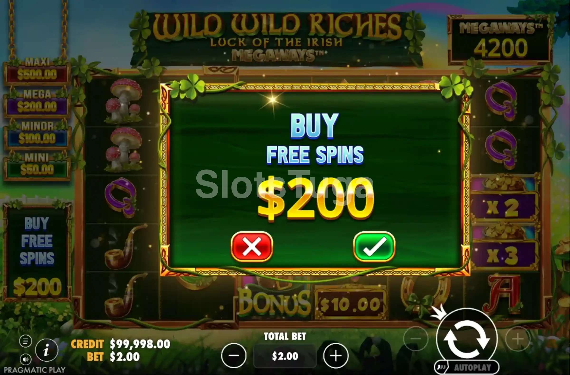 Tela de compra de bônus do Wild Wild Riches Megaways com opções disponíveis