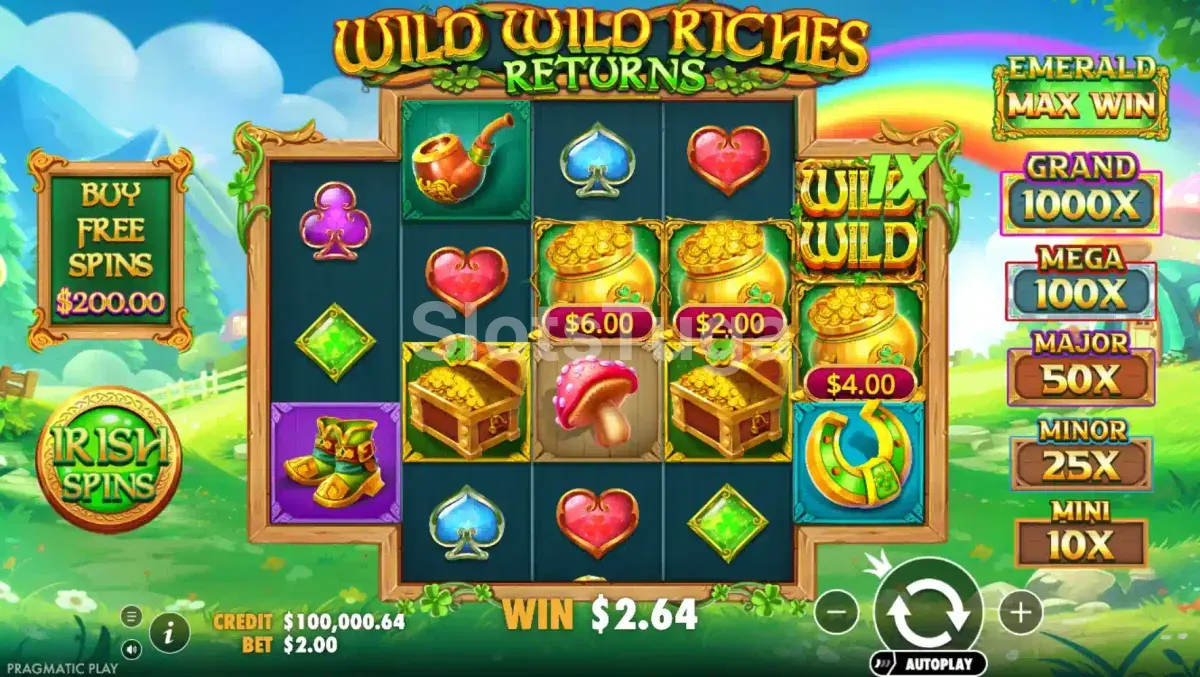 Tela principal do jogo Wild Wild Riches Returns com cenário irlandês e rolos coloridos