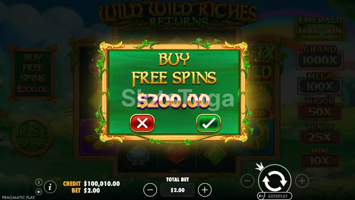 Tela de compra de bônus do Wild Wild Riches Returns com opções de Irish Spin e Free Spins