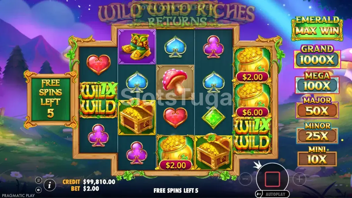 Rodadas grátis ativadas no Wild Wild Riches Returns com céu noturno roxo