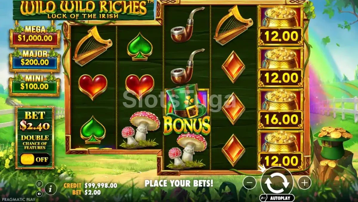 Tela principal da Wild Wild Riches com os rouleaux no estilo irlandês