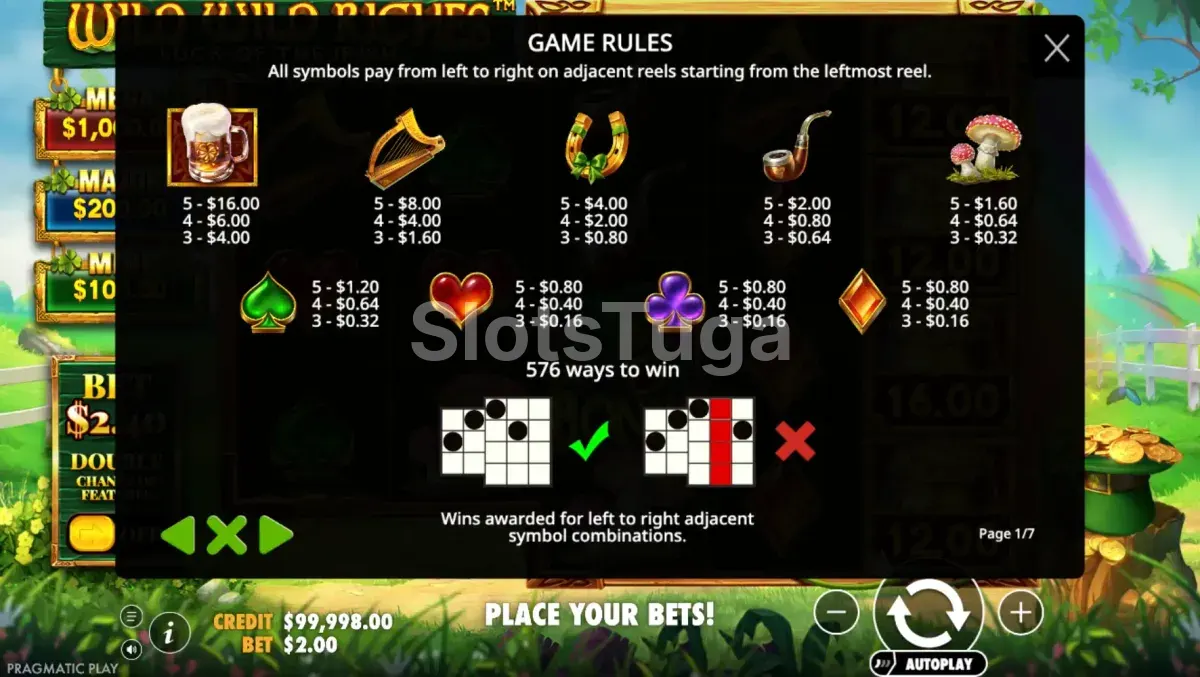 Tabela de pagamentos da Wild Wild Riches mostrando todos os símbolos