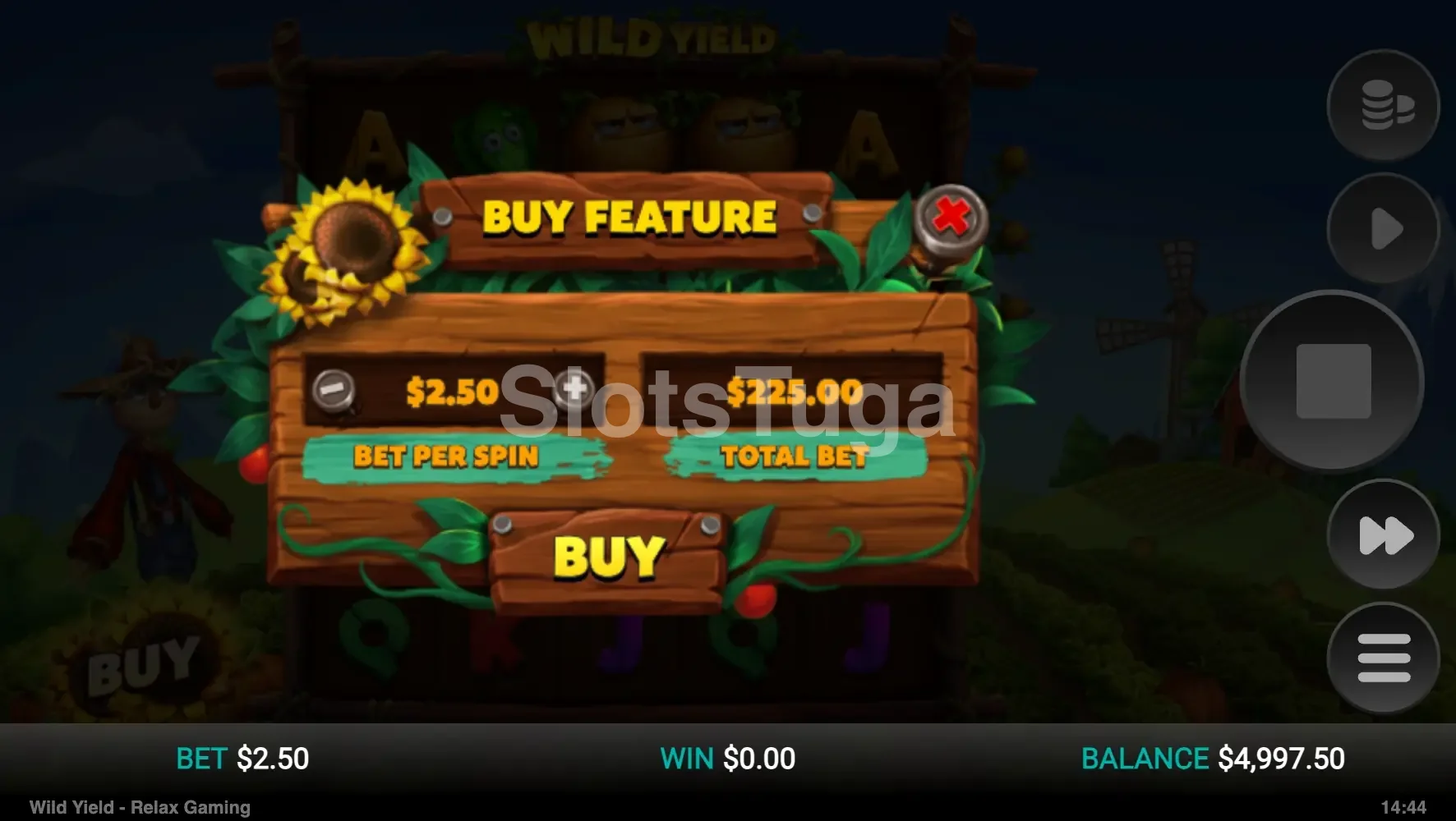 Tela de compra de bônus do Wild Yield com opções de Bonus Buy