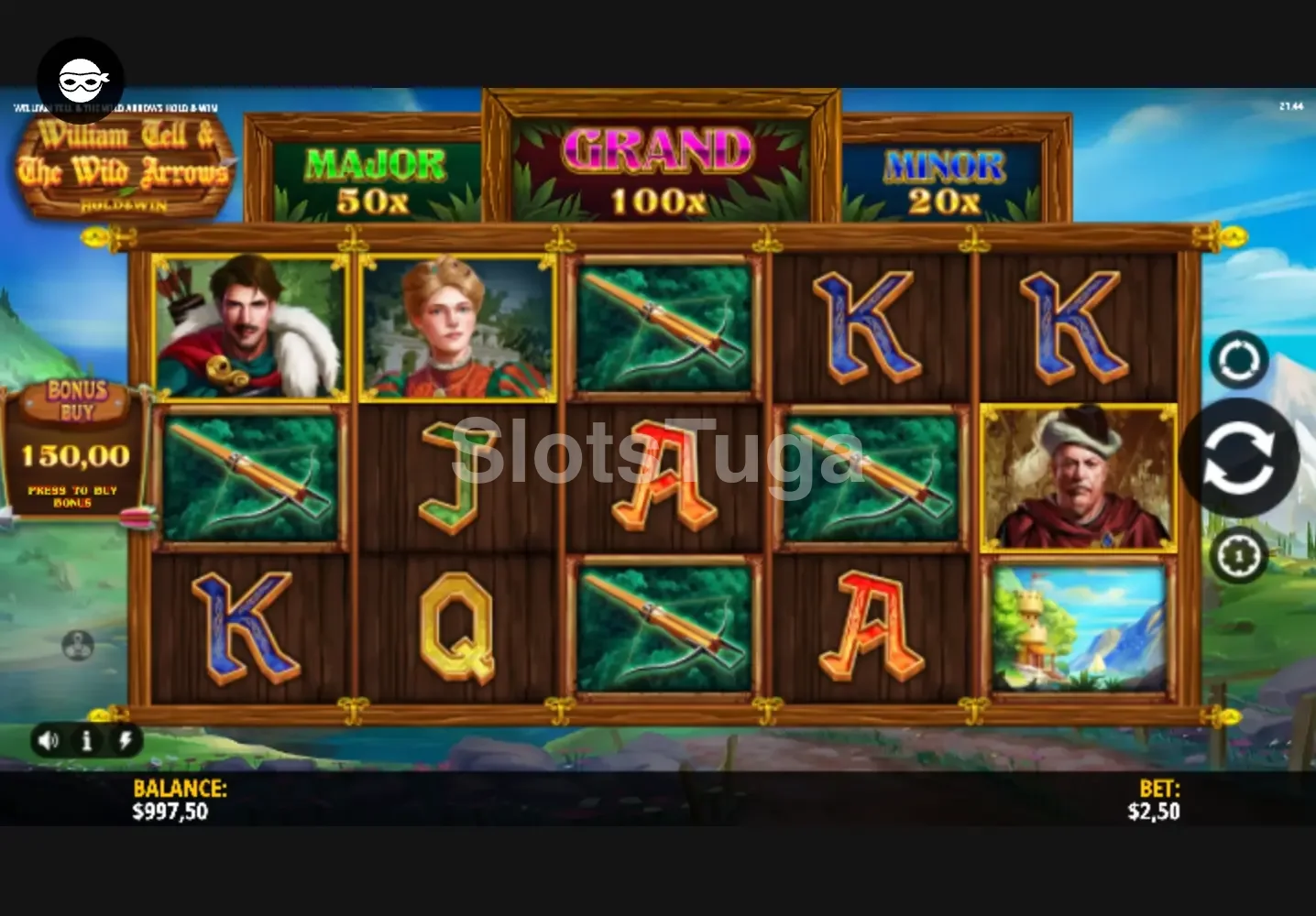 Jogo base da slot William Tell & The Wild Arrows com os rouleaux em ação