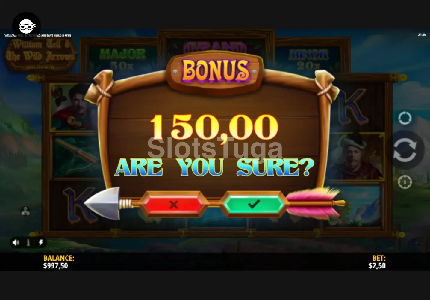 Tela de compra de bônus da slot William Tell & The Wild Arrows com as opções disponíveis