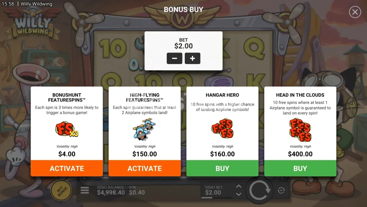 Menu de Bonus Buy de Willy Wildwing com as opções de compra