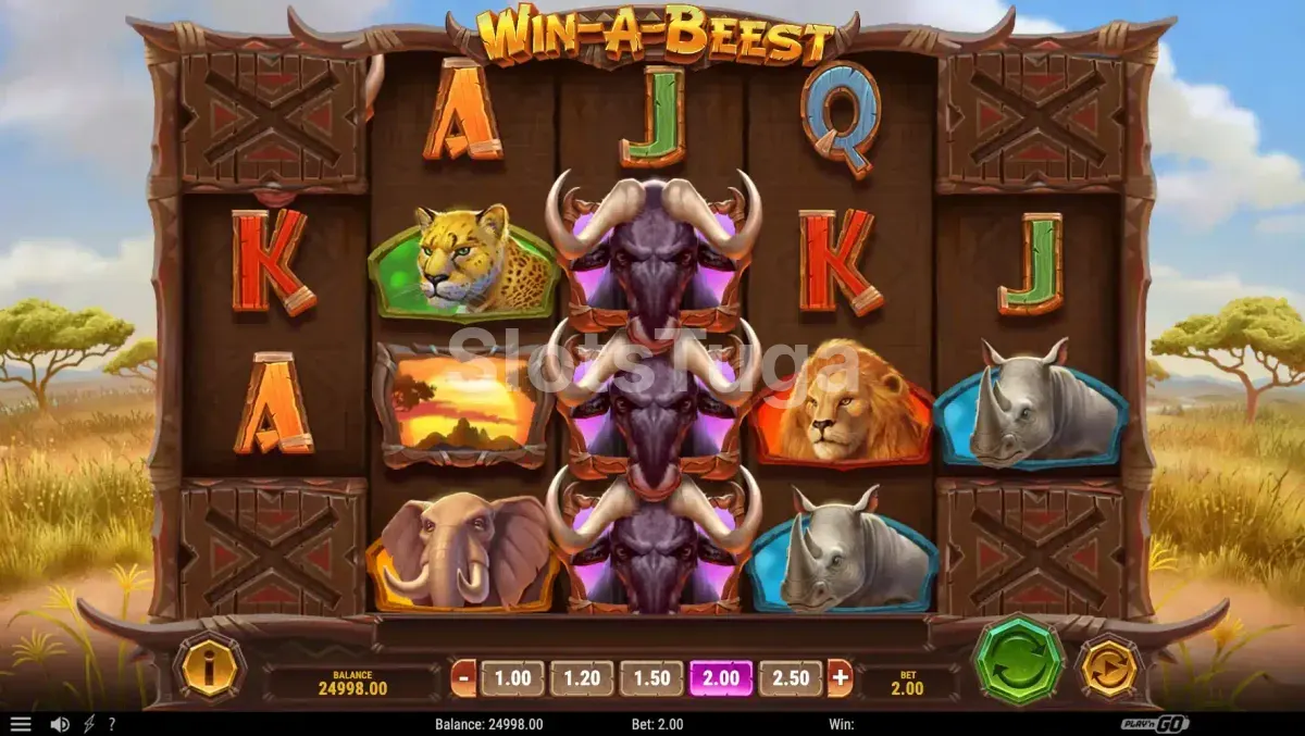 Tela principal do jogo Win a Beest com a savana africana ao fundo