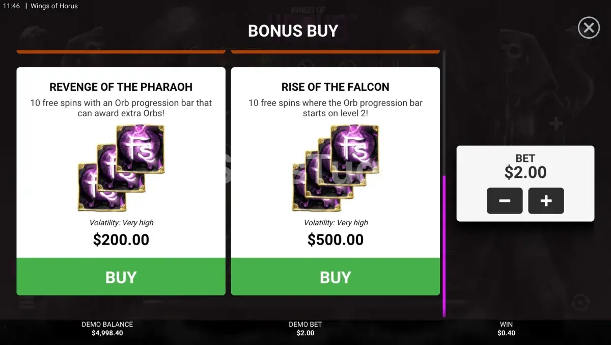Menu de compra de bônus do Wings of Horus com as quatro opções disponíveis