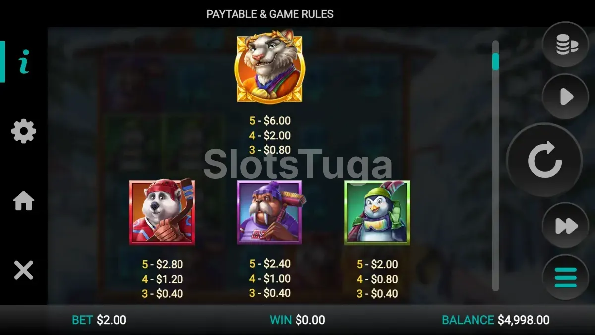 Tabela de pagamentos do Winter Champions com símbolos animais