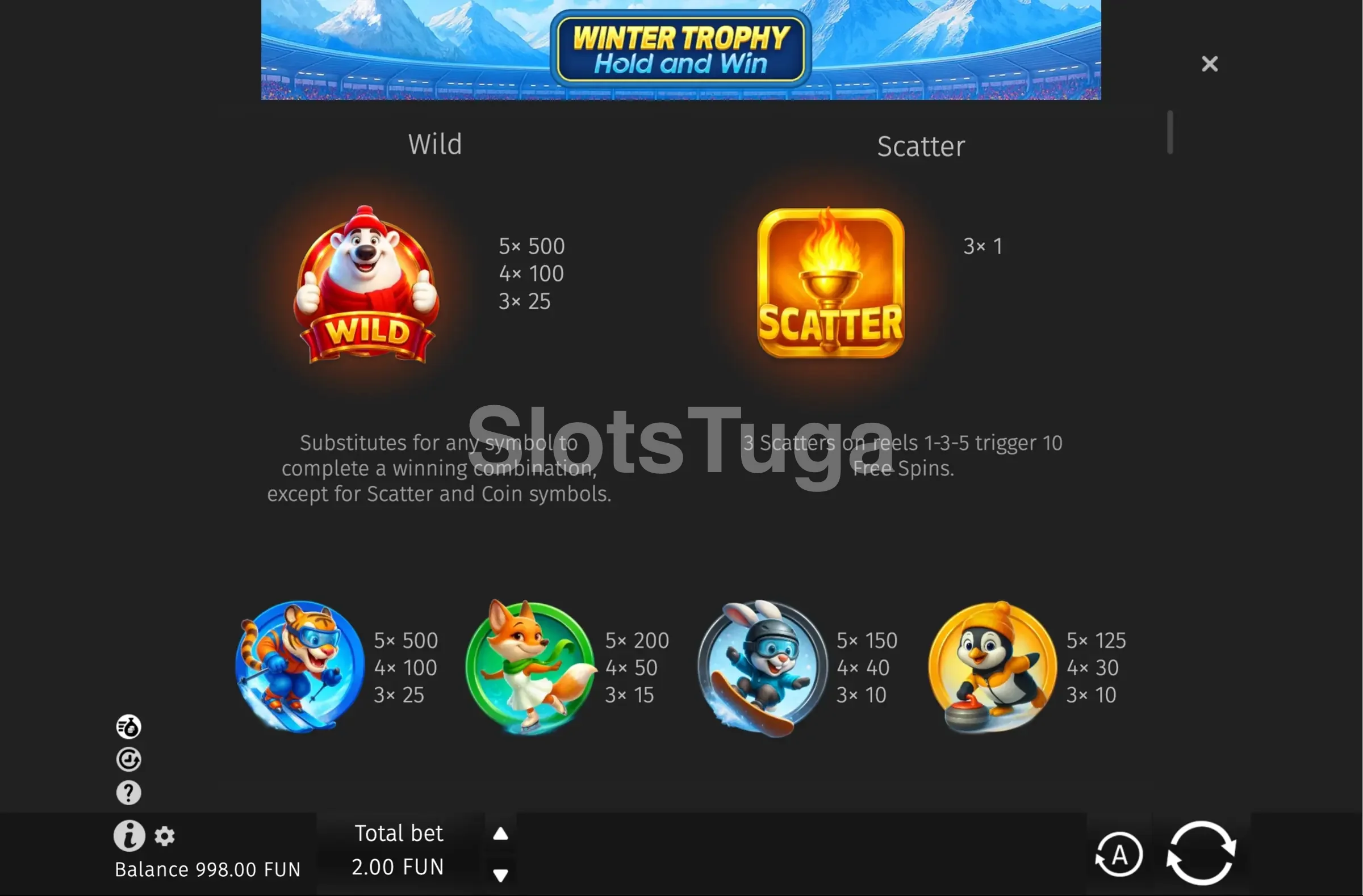 Tabela de pagamentos da Winter Trophy Hold and Win mostrando os símbolos e valores