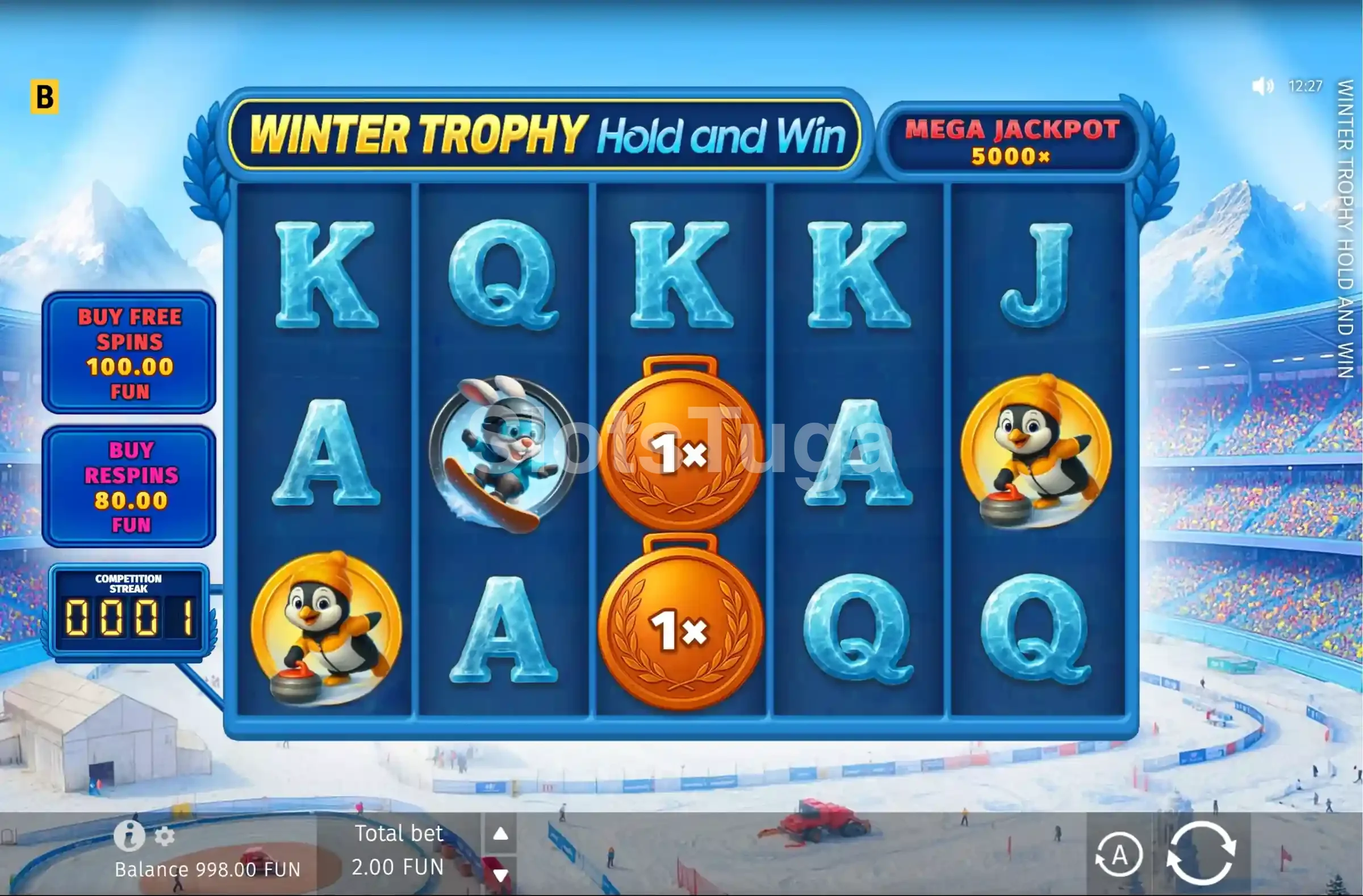 Jogo base da Winter Trophy Hold and Win com símbolos de inverno nos rouleaux