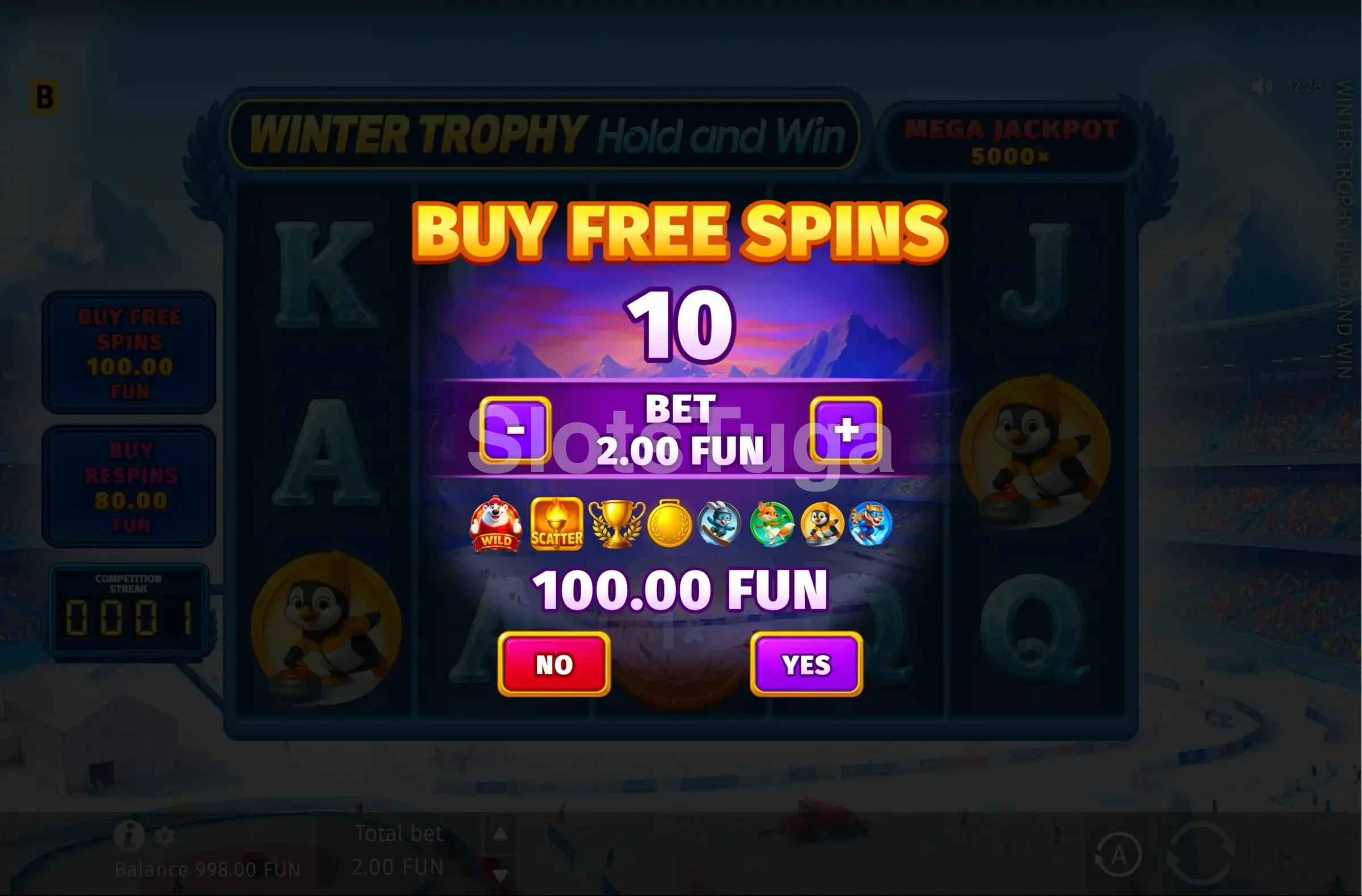 Tela de compra de bônus da Winter Trophy Hold and Win com opções disponíveis