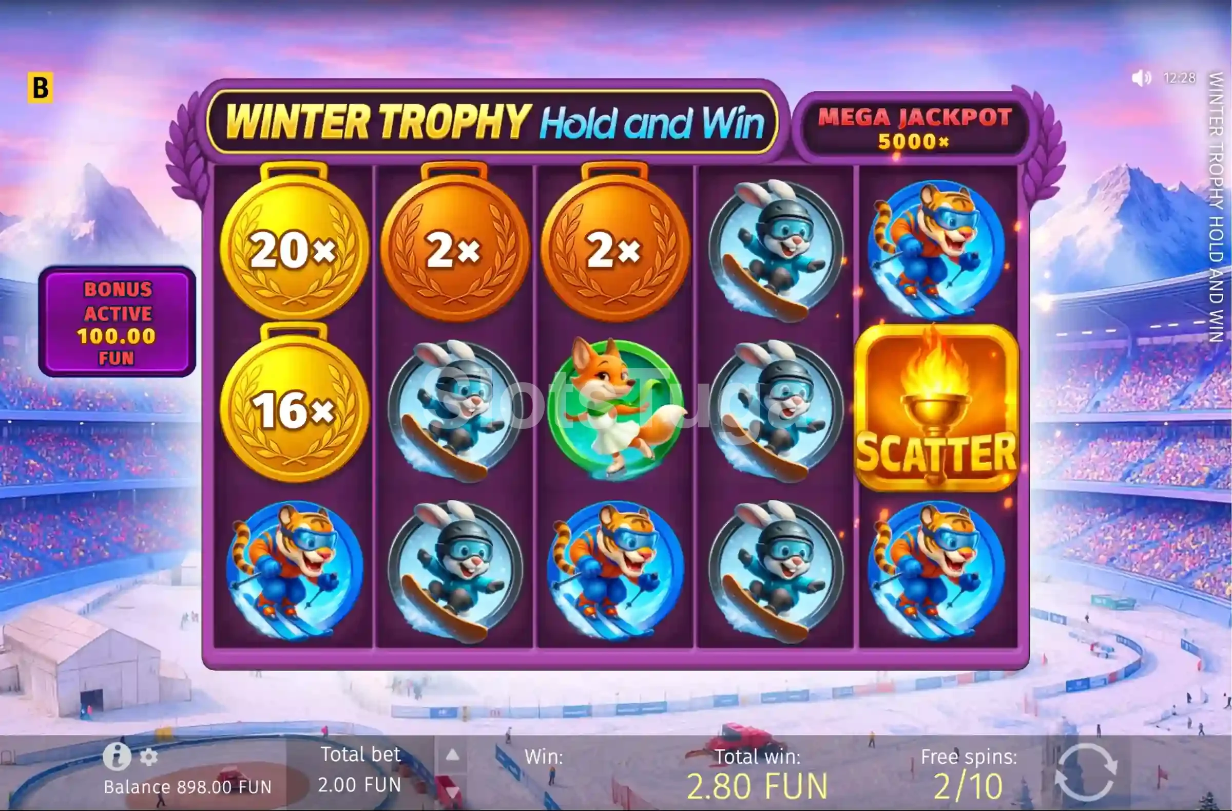 Modo free spins ativado na Winter Trophy Hold and Win com símbolos especiais travados