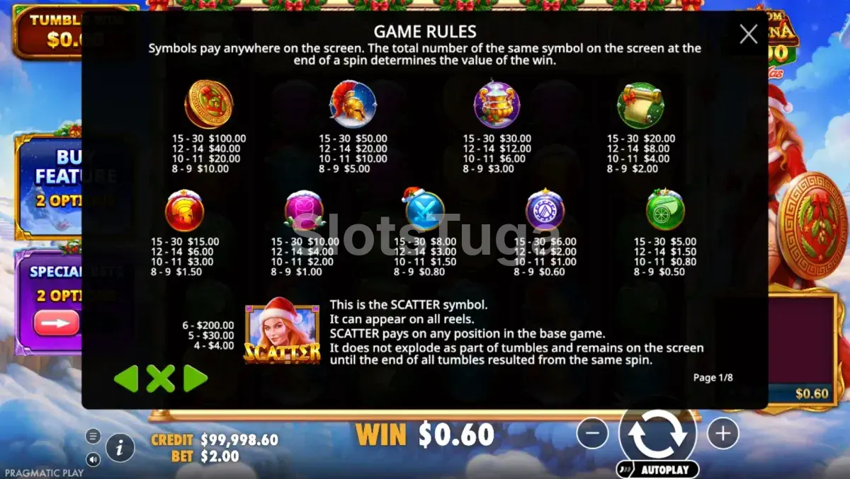 Tabela de pagamentos do Wisdom of Athena 1000 Xmas com multiplicadores e símbolos