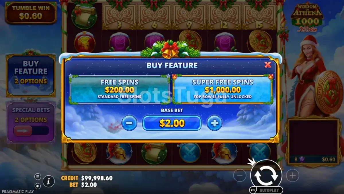 Tela de compra de bônus do Wisdom of Athena 1000 Xmas com opções de aposta especial