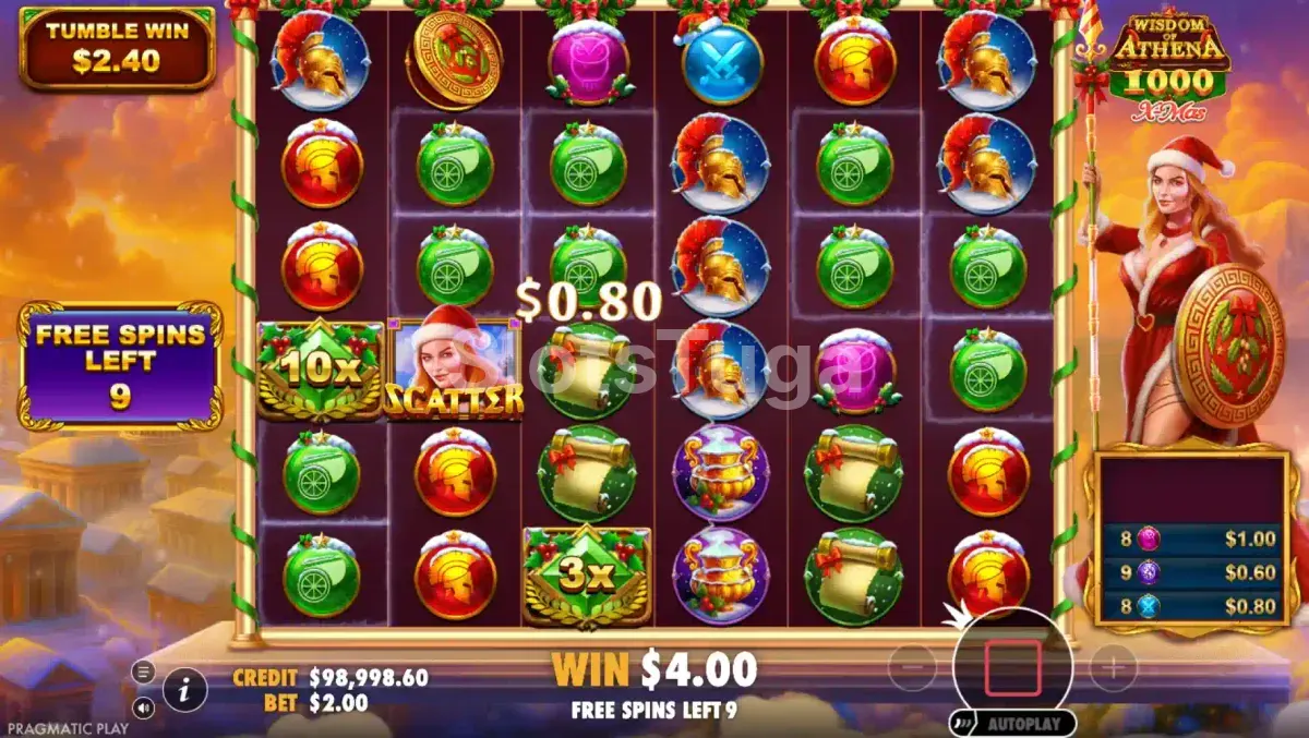 Rodada de giros grátis do Wisdom of Athena 1000 Xmas com multiplicadores persistentes