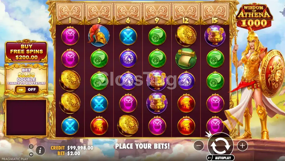 Tela inicial do jogo Wisdom of Athena 1000 com a grade de 6 rolos