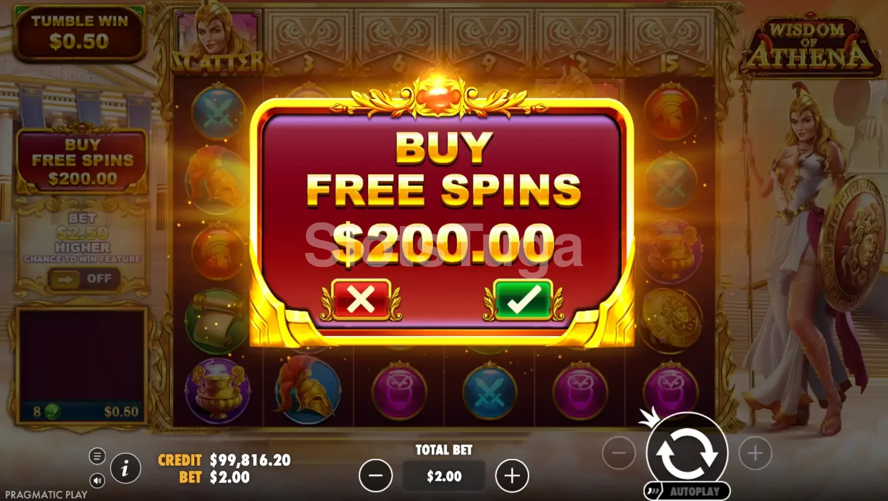 Opção de Bonus Buy da Wisdom of Athena com custo de 100x a aposta