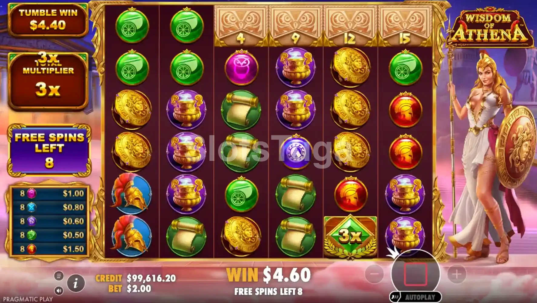 Rodadas grátis da Wisdom of Athena com multiplicador acumulado