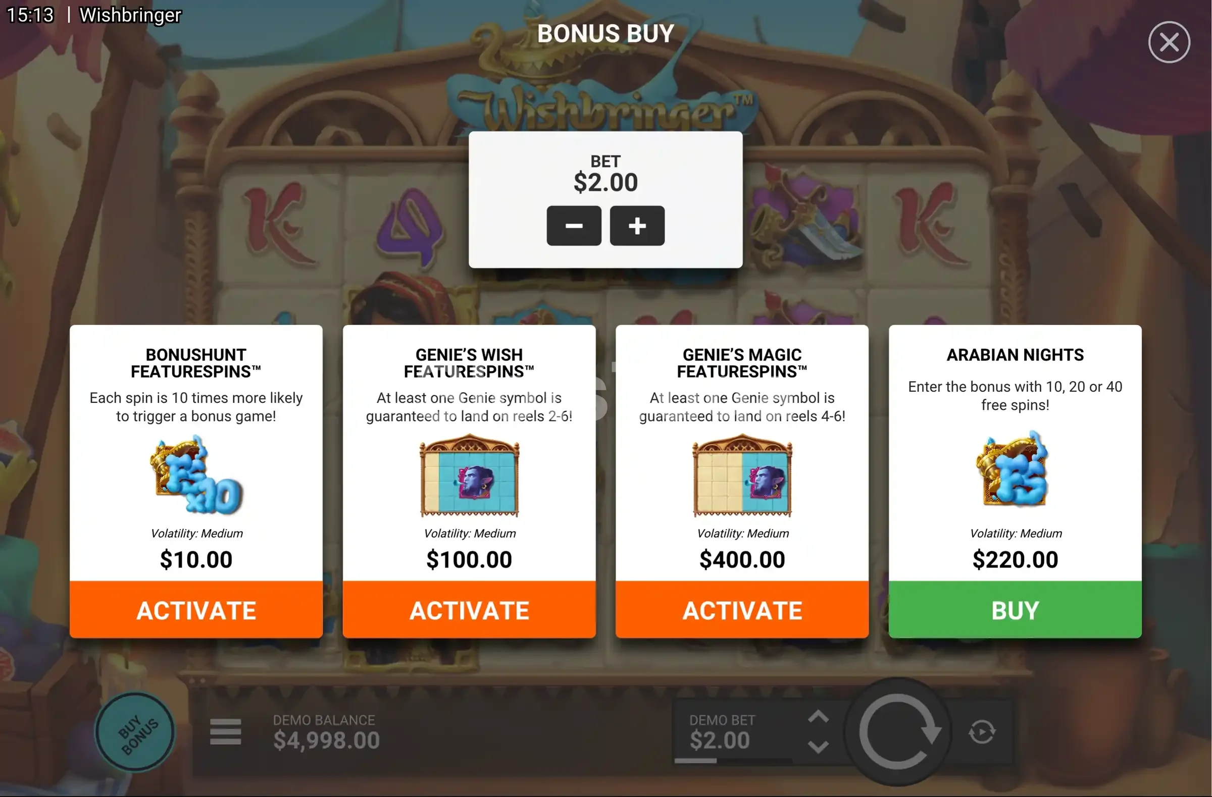 Tela de compra de bônus na slot Wishbringer