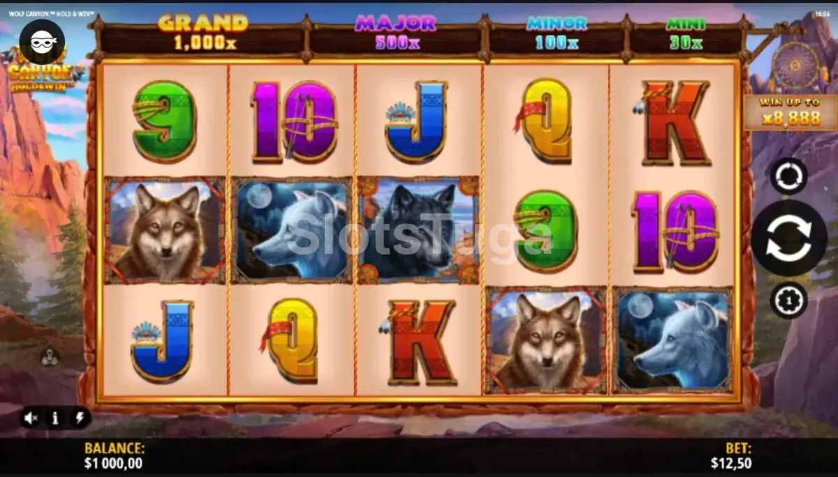 Tela principal do jogo Wolf Canyon Hold & Win com os rouleaux ativos