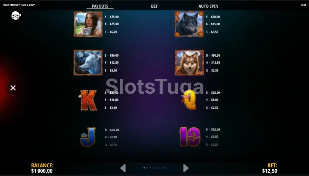 Tabela de pagamentos da slot Wolf Canyon Hold & Win