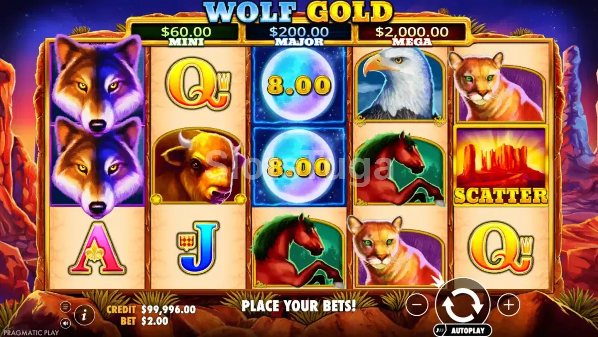 Tela principal do Wolf Gold Power Jackpot com os rouleaux em ação