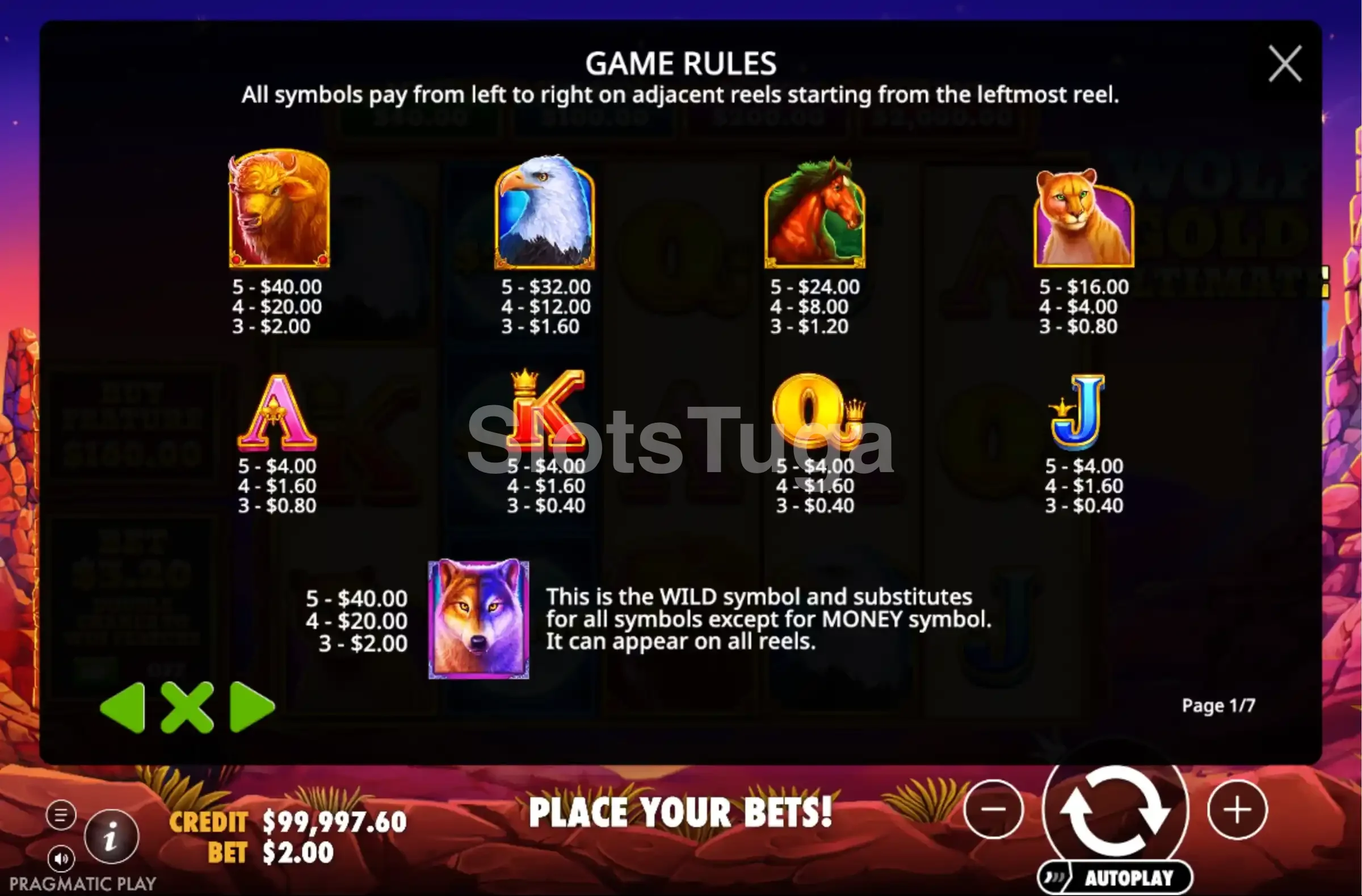 Tabela de pagamentos do Wolf Gold Ultimate mostrando os símbolos e seus valores