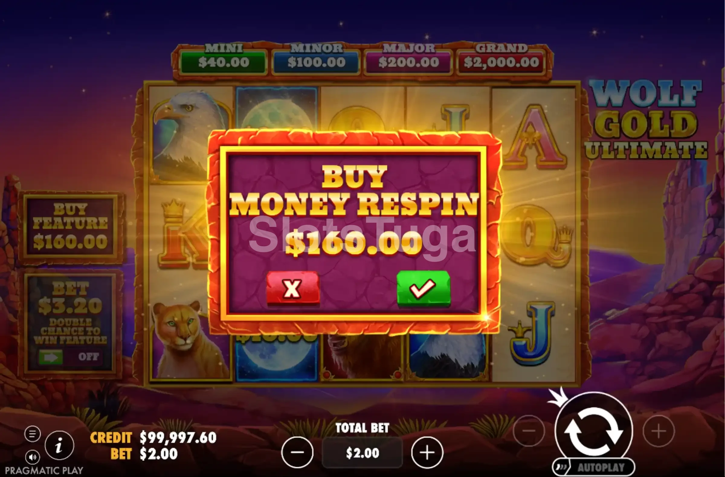 Tela de compra de bônus do Wolf Gold Ultimate com opções de Bonus Buy