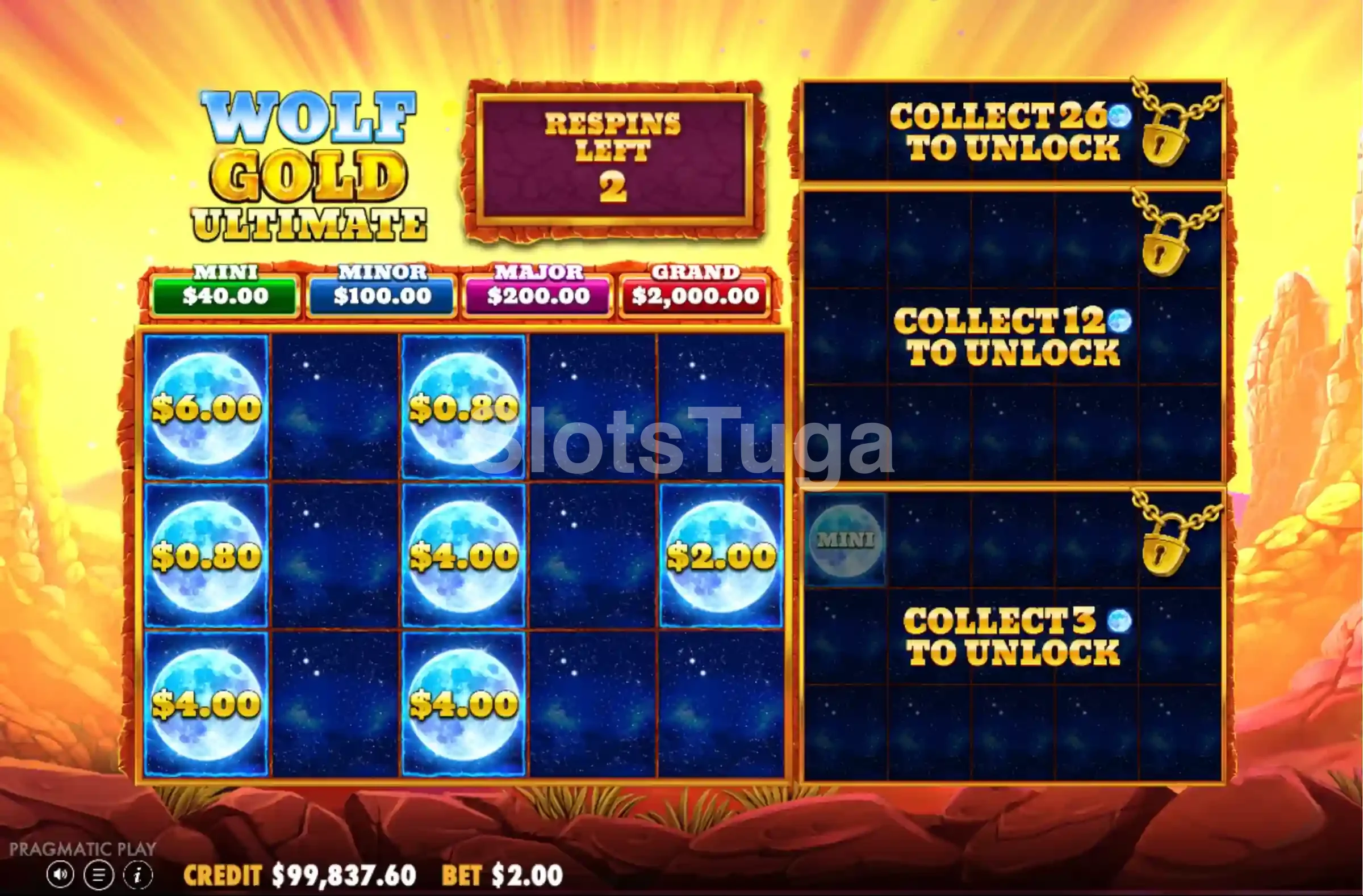 Rodada de bônus Money Respins do Wolf Gold Ultimate com múltiplas grades ativas