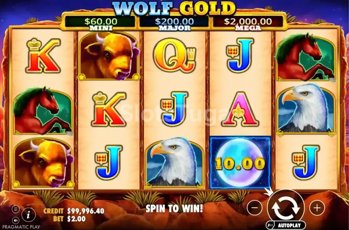 Rodada base da Wolf Gold com wilds e símbolos animais no rouleau central