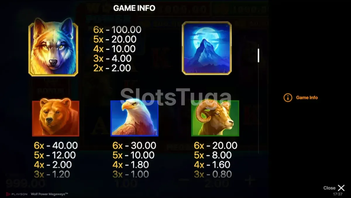 Tabela de pagamentos da Wolf Power Megaways mostrando os símbolos