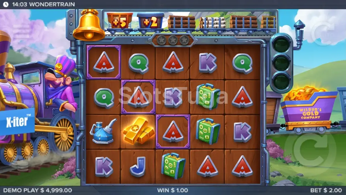 Jogo base de Wonder Train com a grelha 5x4 e o comboio de Wilbur ao fundo