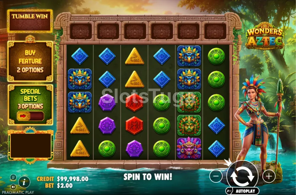 Wonders of Aztec em jogo base: grelha de seis por cinco com pedras azuis, verdes, amarelas, roxas e vermelhas e máscaras de penas, as casas dos multiplicadores vazias por cima dos rolos, os botões Buy Feature e Special Bets à esquerda e uma guerreira asteca de lança à direita, junto a uma cascata.