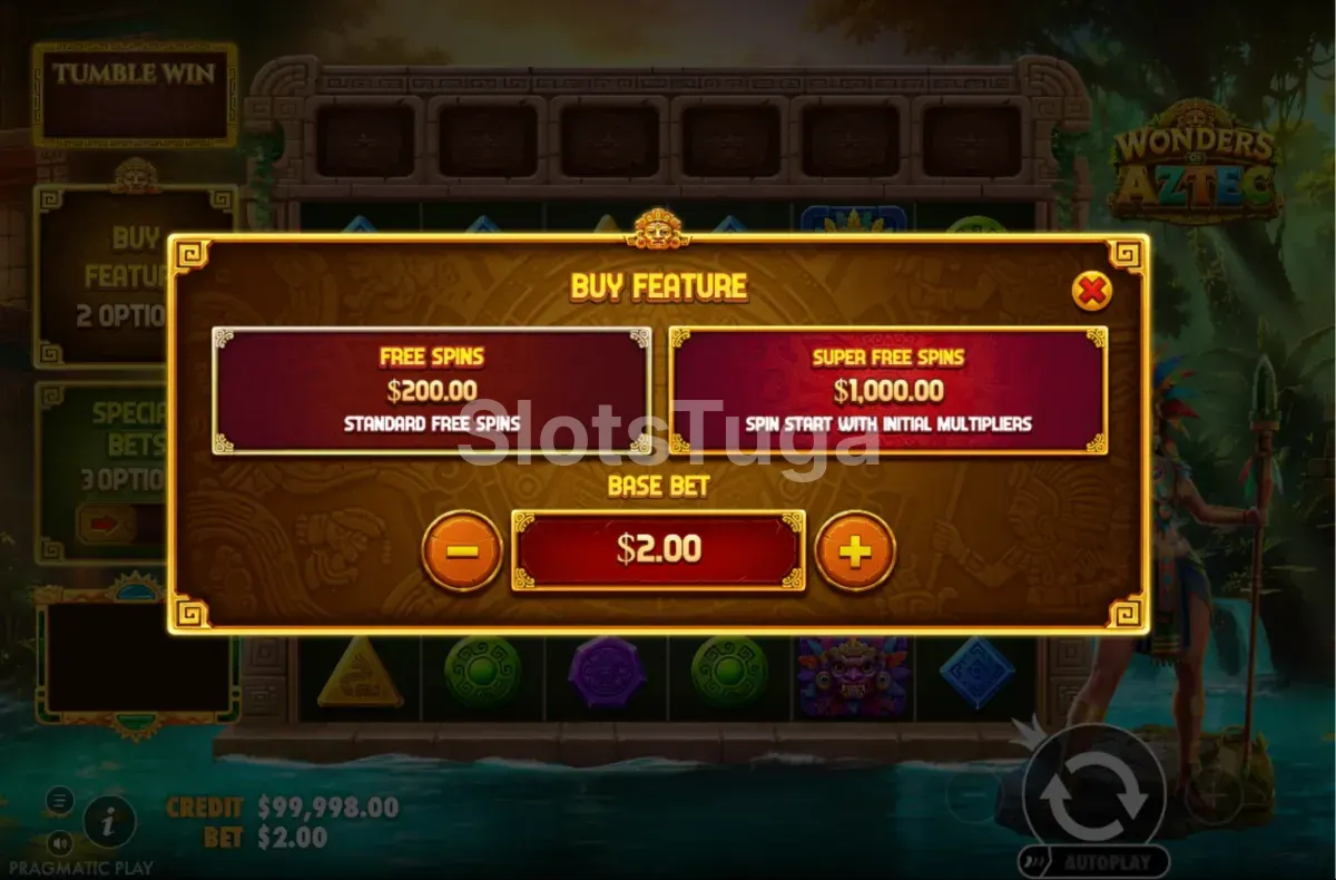 Ecrã de compra de bónus de Wonders of Aztec com as opções de 100x e 500x