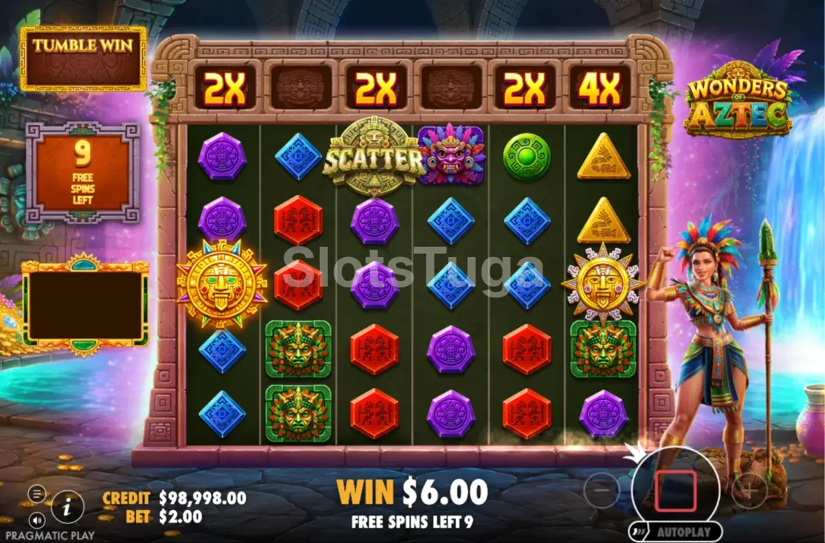 Rodadas grátis de Wonders of Aztec com multiplicadores acumulados no topo dos rolos