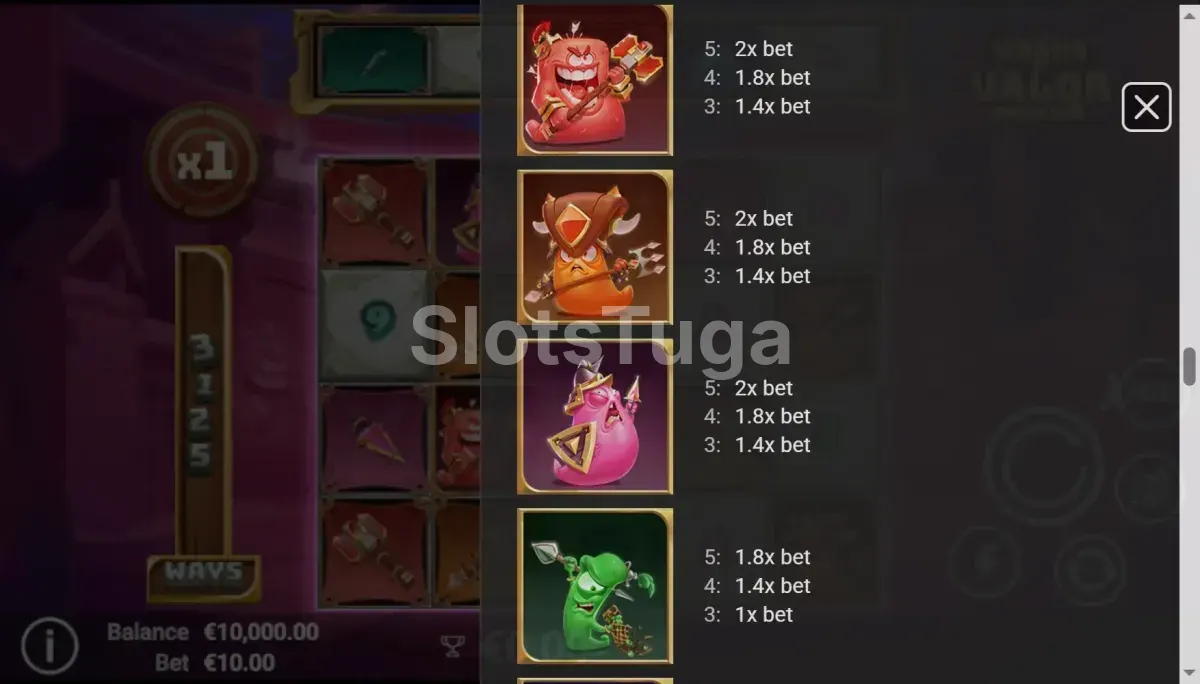 Tabela de pagamento da slot Worms of Valor com todos os símbolos