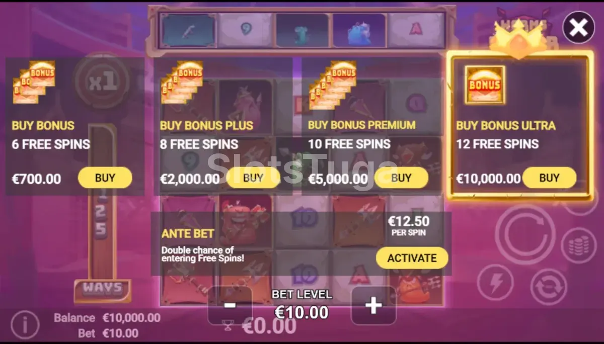 Tela de compra de bônus da Worms of Valor com as opções disponíveis