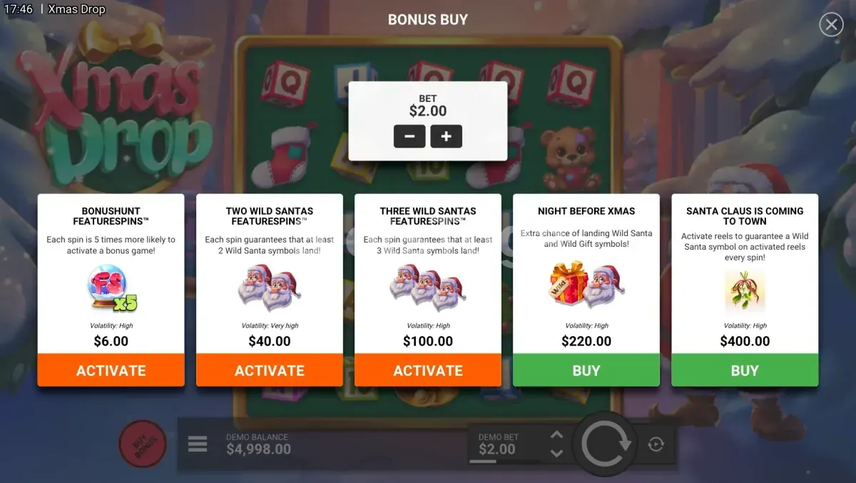 Tela de compra de bônus da Xmas Drop com as opções disponíveis