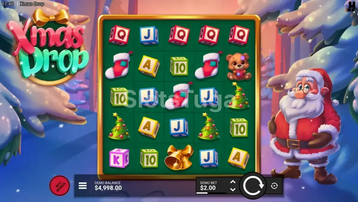 Jogo base da slot Xmas Drop com rolos e símbolos natalinos
