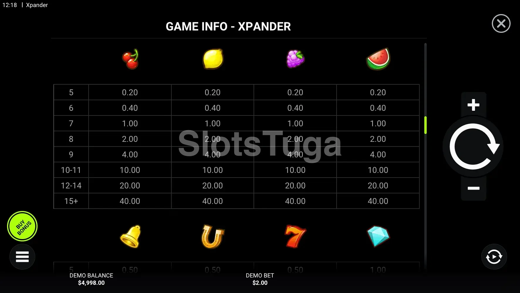 Tabela de pagamentos da slot Xpander com símbolos e valores