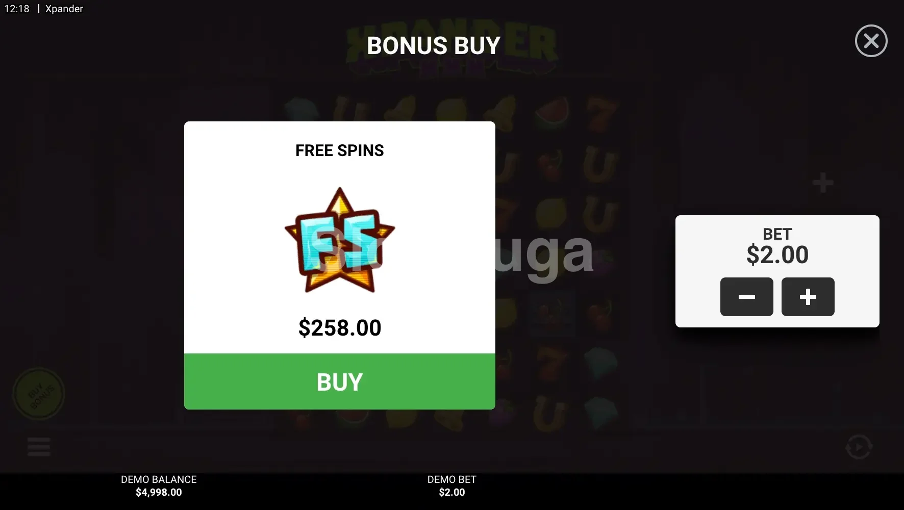 Tela de compra de bônus da slot Xpander com opções disponíveis