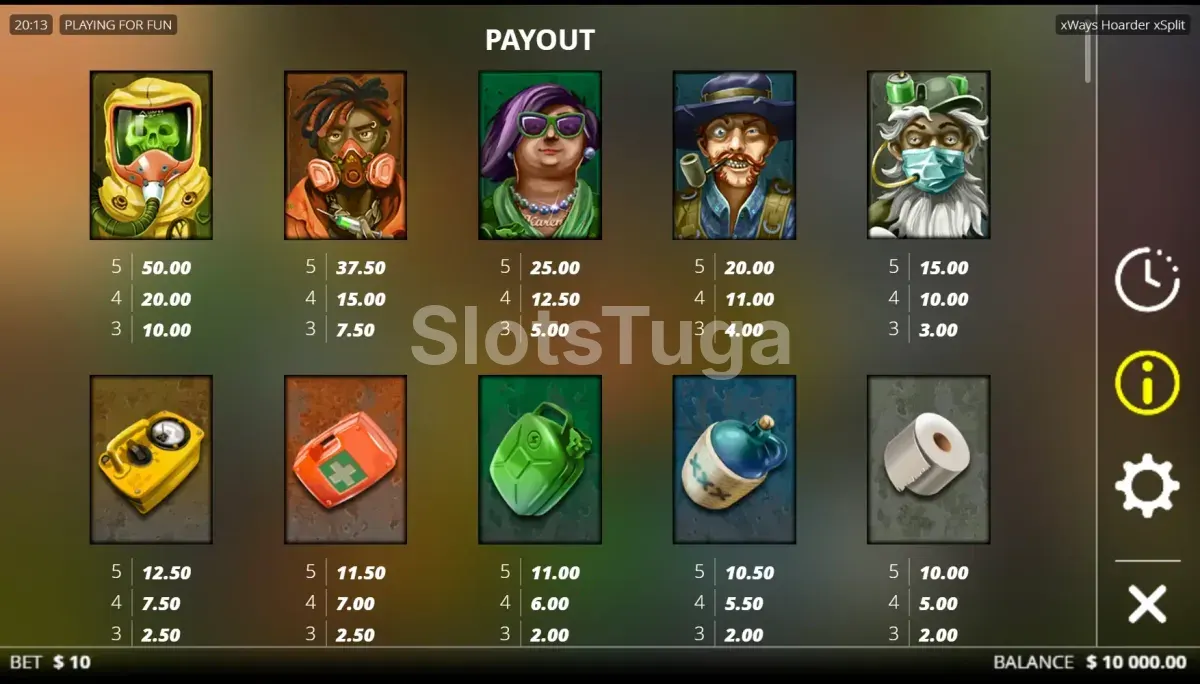 Tabela de pagamentos da xWays Hoarder xSplit mostrando símbolos e valores