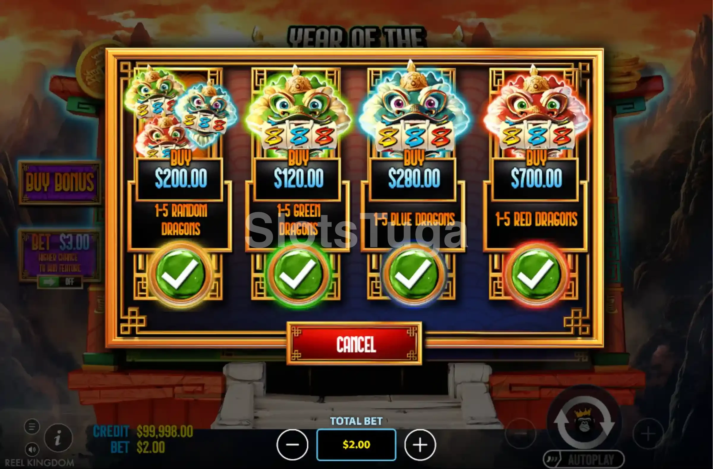 Tela de Bonus Buy do Year of the Dragon King com opções de compra de bônus