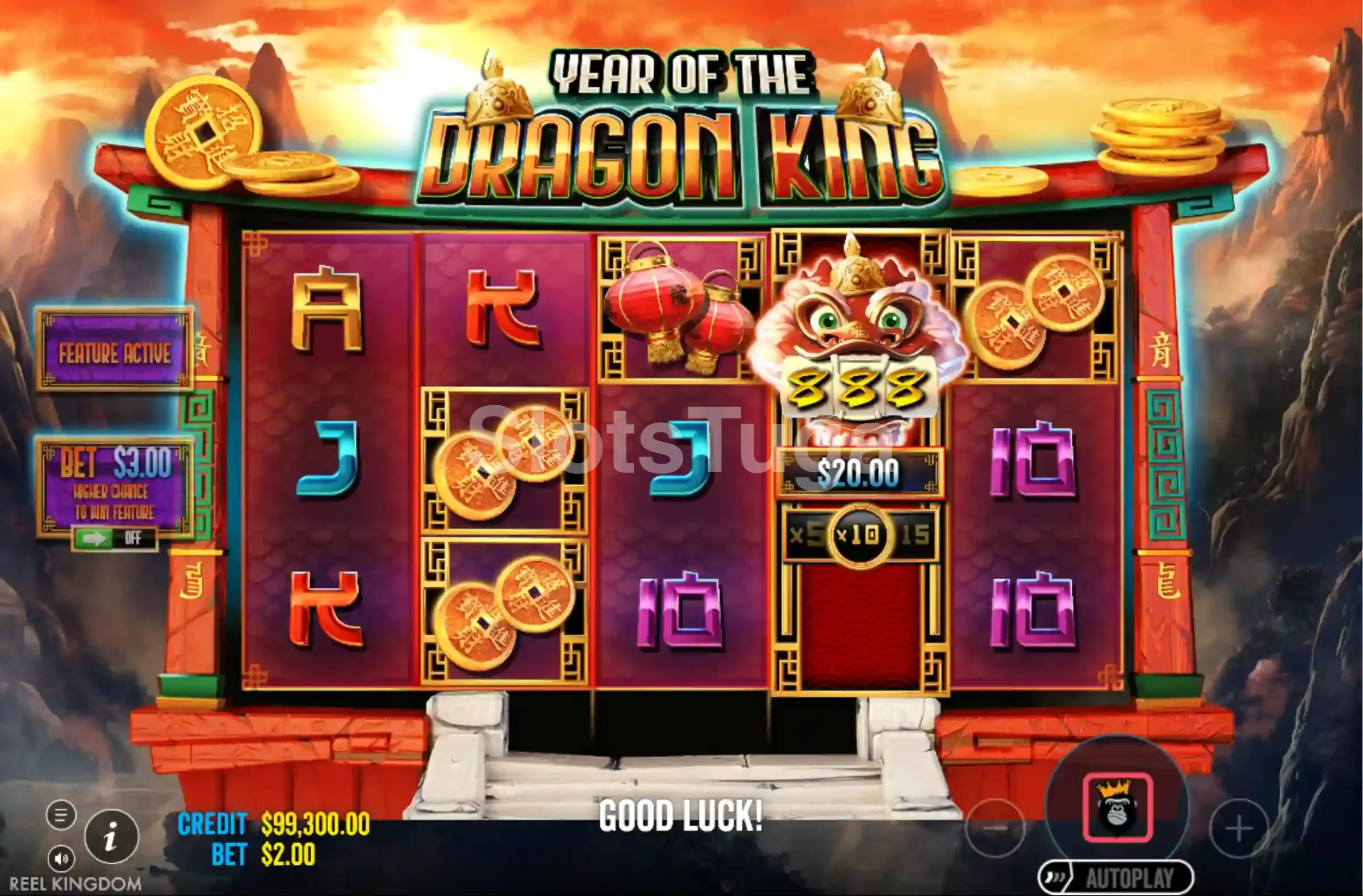 Rodada de Free Spins ativada no Year of the Dragon King com multiplicadores