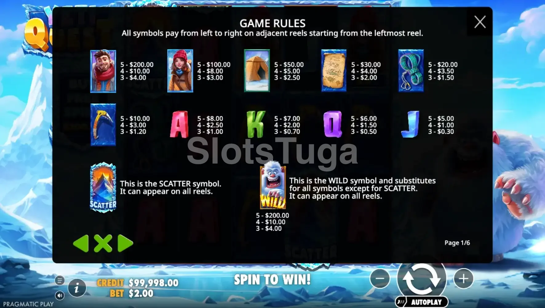 Tabela de pagamentos do Yeti Quest mostrando símbolos e valores