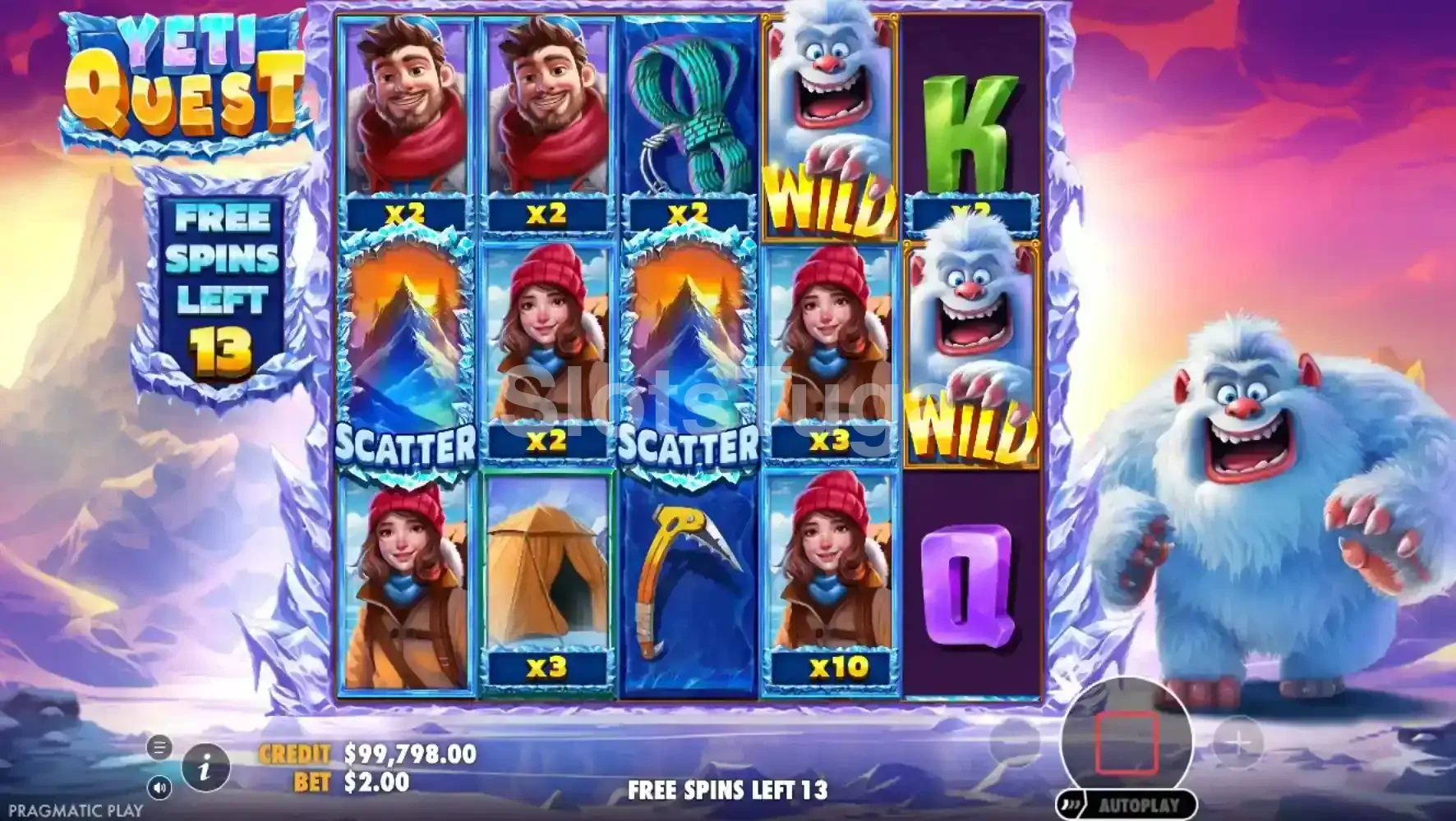 Rodadas grátis do Yeti Quest com multiplicadores ativos nos símbolos