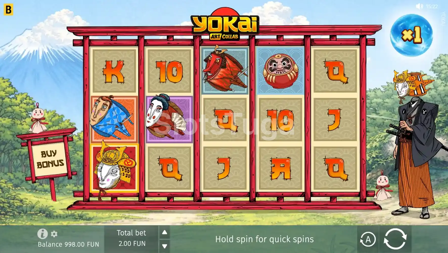 Tela principal do jogo Yokai com rolos e símbolos japoneses