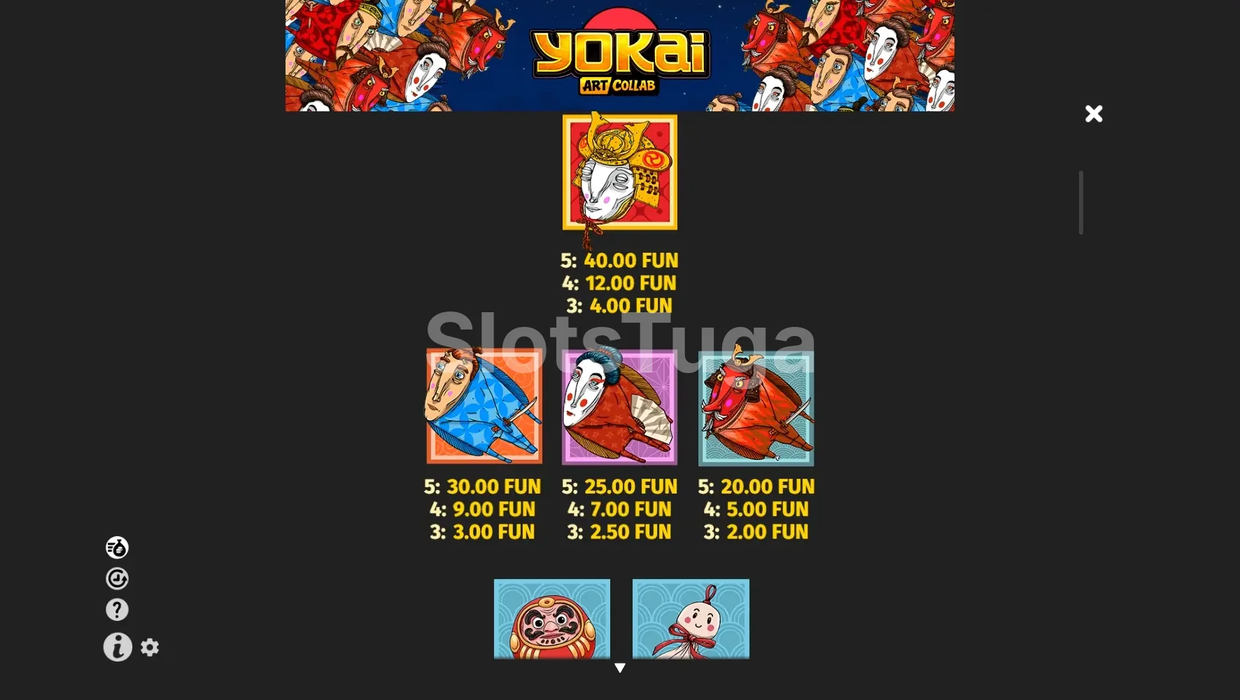 Tabela de pagamento da slot Yokai mostrando os símbolos e valores