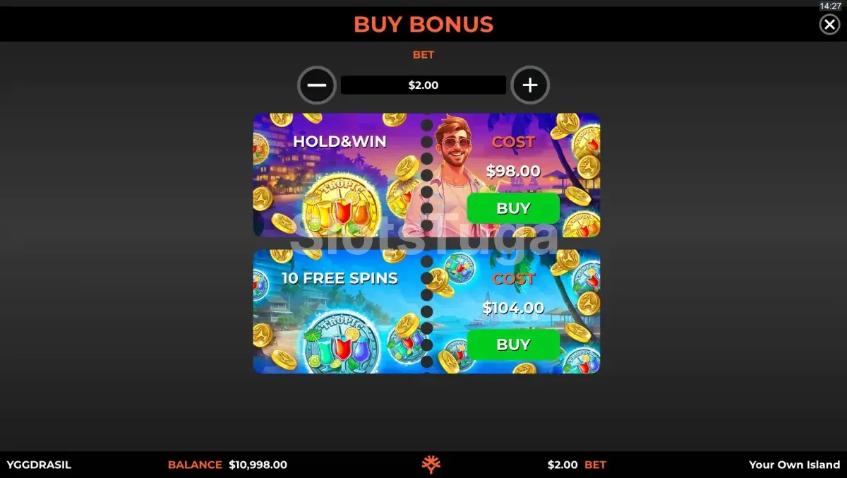 Tela de compra de bônus da Your Own Island com opções disponíveis
